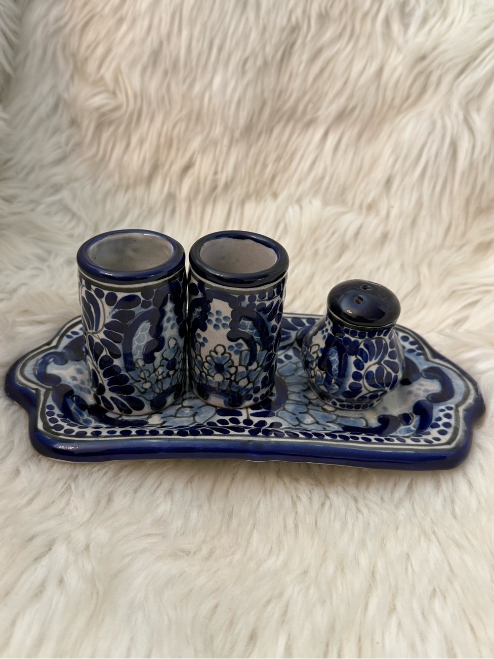 Vintage Talavera Tequila Shot Set Arte La Mexicana Puebla Handmade Blue White